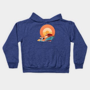 vintage distressed sunset design featuring the silhouette with ship Kids Hoodie